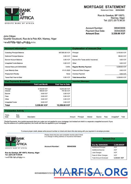 Blank Niger Bank of Africa mortgage statement Word and PDF template